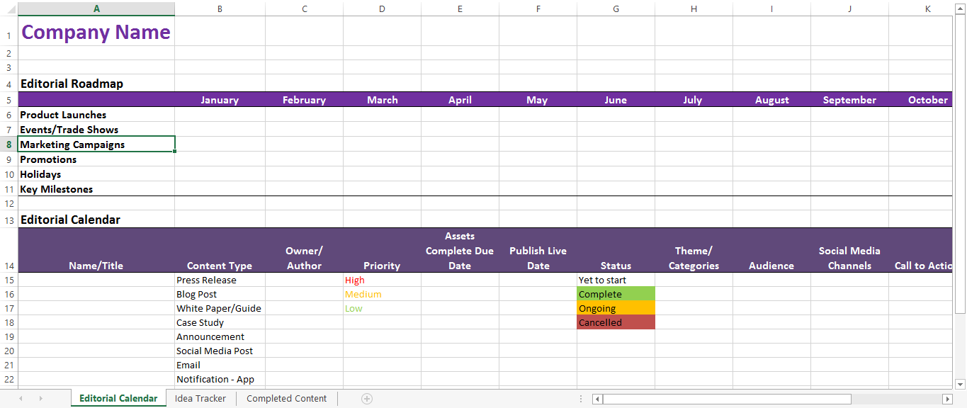 Editorial Content Calendar template